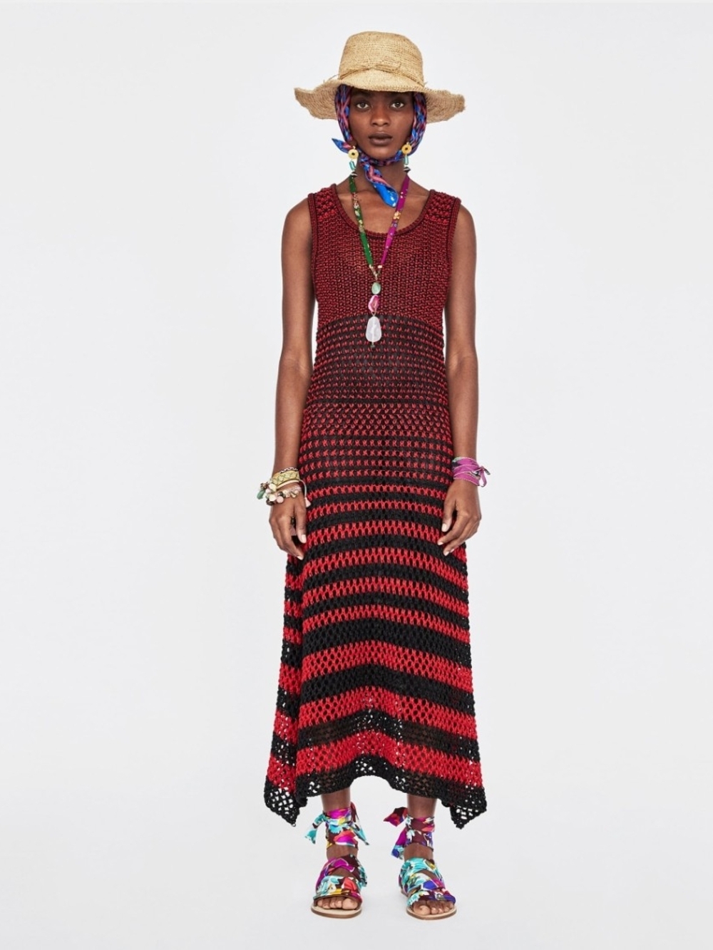 Zara Studio 2018 Crochet Knit Maxi Dress Red Black Chevron Open Stitch Boho LG